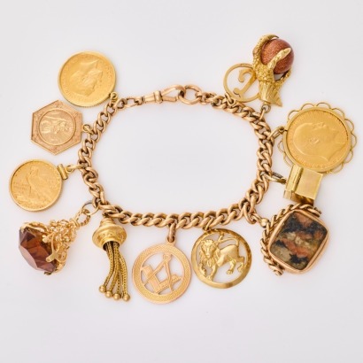 9ct Rose Gold, 17cm Charm Bracelet with 12 Assorted Rose / Yellow Gold Charms