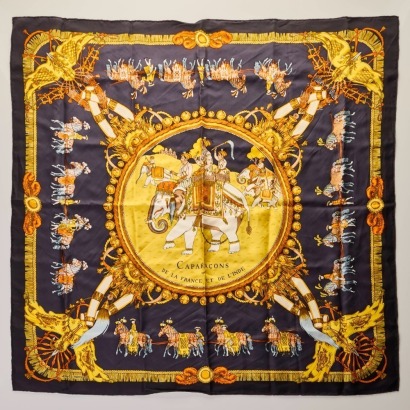 Herm&egrave;s, 100% Silk, Caparacons De La France Black / Yellow Scarf