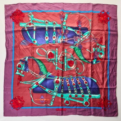 Herm&egrave;s, 100% Silk, Burgundy Harnais De Cour Scarf
