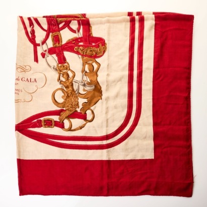 Herm&egrave;s, 65% Cashmere 35% Silk, Beige / Red, Brides de Gala Scarf