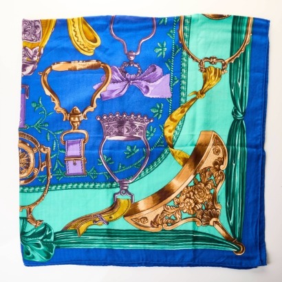 Herm&egrave;s, 65% Cashmere / 35% Silk, Blue / Turquoise, Etriers Scarf