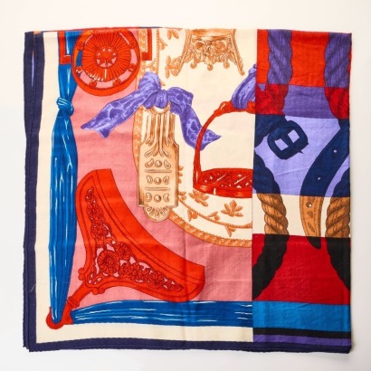 Herm&egrave;s, 70% Cashmere / 30% Silk, Blue / Red/ Cream, Etriers Scarf