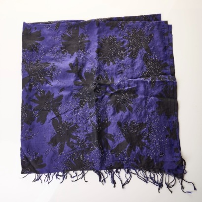 Dries Van Noten, 60% Cotton / 40% Silk, Blue / Black Bead Embellished Floral Scarf