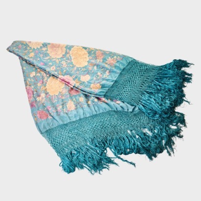 Floral Embroidered Blue Shawl with Crocheted Border
