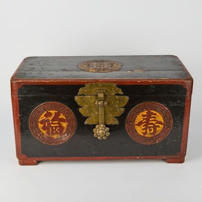 A Chinese 19th Century Wooden Box With &ldquo;Fu Shou Xi&rdquo; Characters