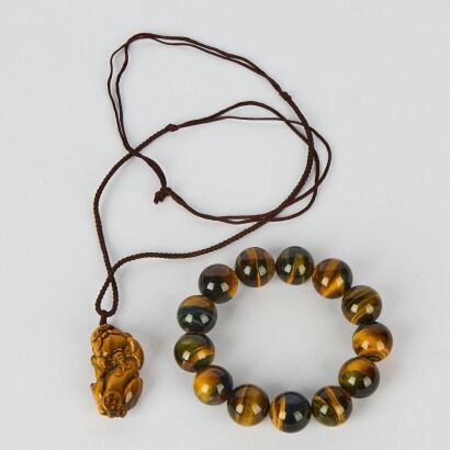 A Set of Chinese Tiger&rsquo;s Eye Bead Bracelet and Pendant