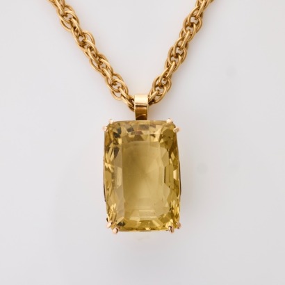 9ct Yellow Gold, 64.05ct Smoky Quartz Pendant on 9ct Yellow Gold, 46cm Rope Chain