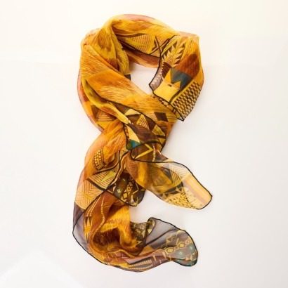 Herm&egrave;s, 100% Silk, Orange/ Brown Sheer Scarf