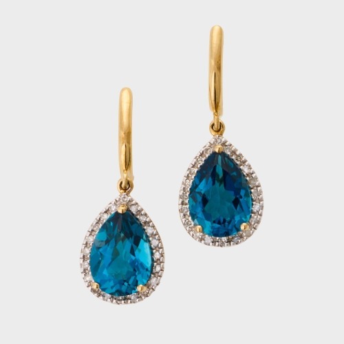 9ct Yellow Gold, London Blue Topaz / .30ct Diamond Drop Earrings