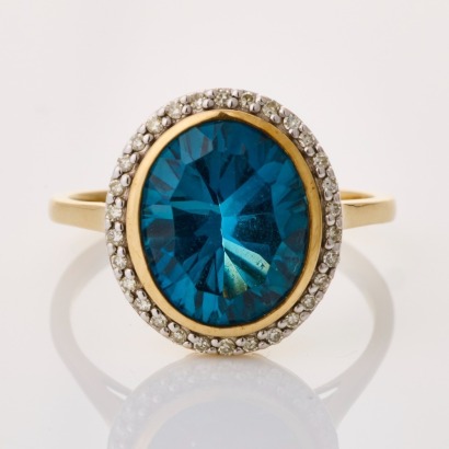 9ct Yellow Gold, London Blue Topaz / .30ct Diamond Ring