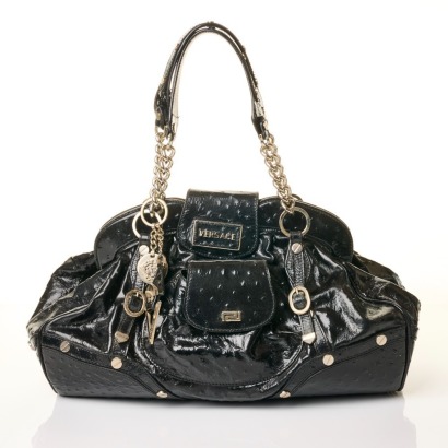 Versace, Black Ostrich Embossed Leather Medusa Shoulder Bag