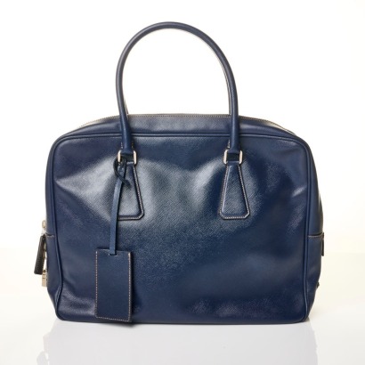 Prada, Navy Saffiano Briefcase Bag with Padlock