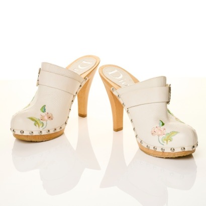 Christian Dior by John Galliano, White Leather Embroidered Floral Mules, Size 38