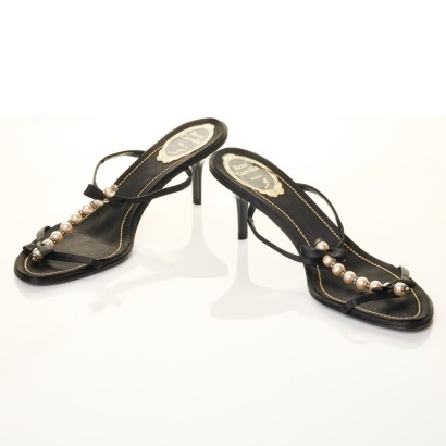Rene Caovilla, Black Pearl Slip Heels, Size 38.5