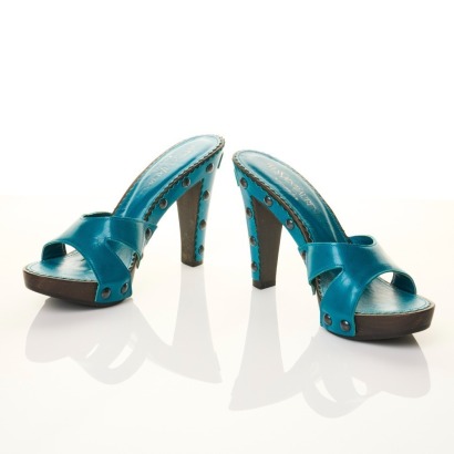 Yves Saint Laurent, Studded Teal Open Toe Mules, Size 38