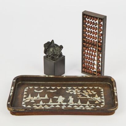 An Old Chinese Wooden Box with Mother-of-Pearl Inlaid Figures Rectangular Dish, A Small Abacus, A Small Seal