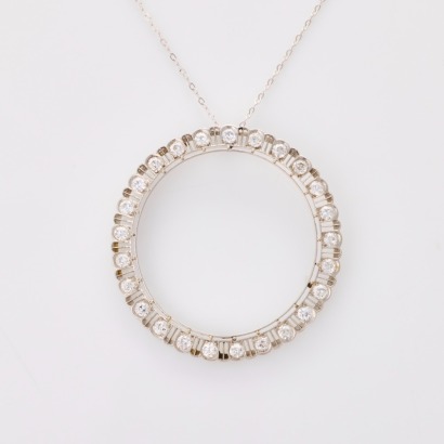 Platinum, 2.00ct Circle Diamond Pendant on 45cm, 10ct White Gold Cable Link Chain