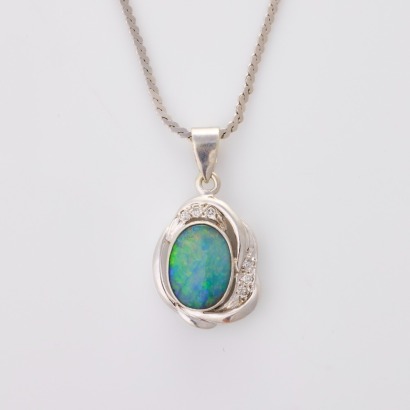 10ct White Gold, Opal Pendant on 14ct White Gold, 48cm Flat 'S' Link Chain