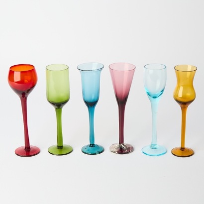 A Set of Six Coloured Liqueur Glasses