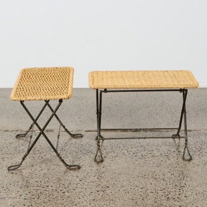 A Pair of Folding Seagrass and Iron Tables