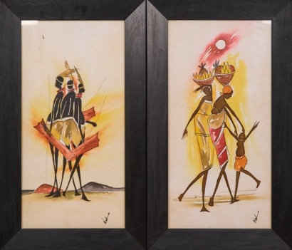 A Pair of African Art on Fabric Wall Hangings