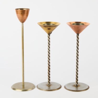A Set of Three Aristo Aged Twisted Steel Brass & Copper Tea Lights
