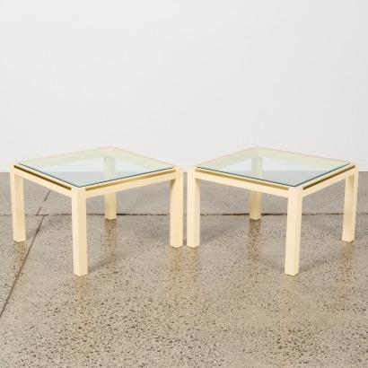 A Pair of 1980s Italian Style Painted Wooden Side Tables with Brass Detailing
