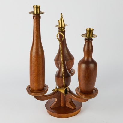 A Mid-Century Danish Teak and Brass Candelabra with Snuffer, c.1960