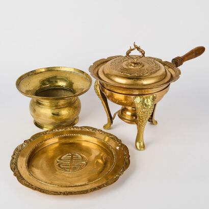A Group of Four Chinese Old Brass Censers and Dishes