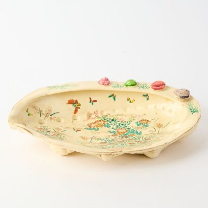 A Japanese Satsuma Porcelain Dish, chrysanthemum design in shell form