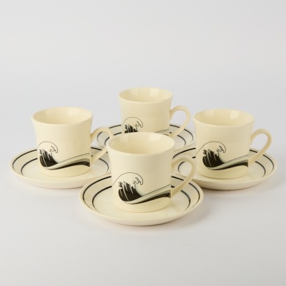 A Set of Four Crown Lynn Great Wave Cups and Saucers