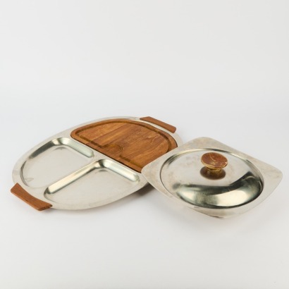 A Metal and Wood Cheese Board and Lidded Dish