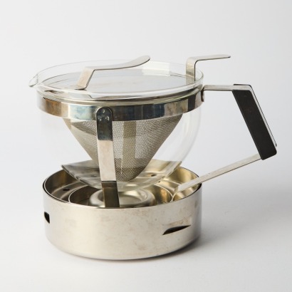 A WMF Glass Tea Pot Stainless Strainer and Warmer Base