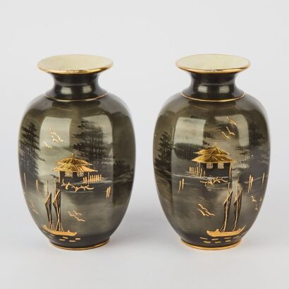 A Pair of Oriental Style Black Lacquer with Gold Vases, 1910s Shaw & Copestake