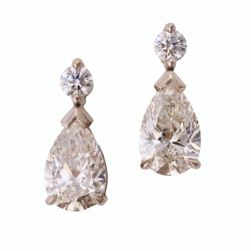 Partridge Jewellers, 18ct White Gold, 3.03ct Pear Shaped / 0.32ct Diamond Drop Earrings
