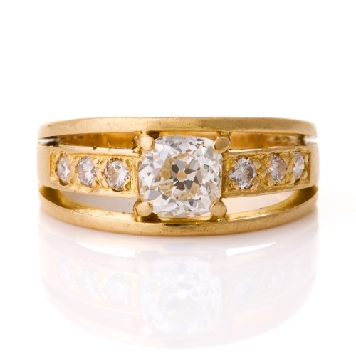 18ct Yellow Gold, 1.10ct Old Mine Cut Diamond / 0.29ct Round Brilliant Cut Diamond Ring