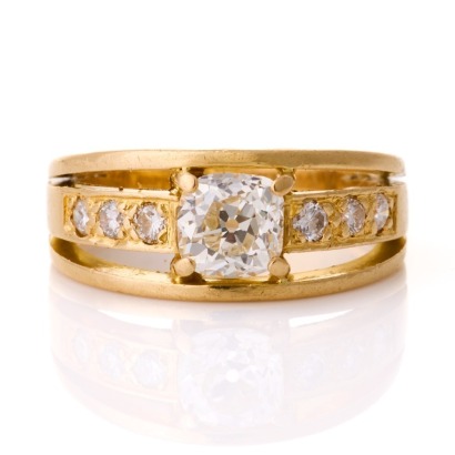 18ct Yellow Gold, 1.10ct Old Mine Cut Diamond / 0.29ct Round Brilliant Cut Diamond Ring