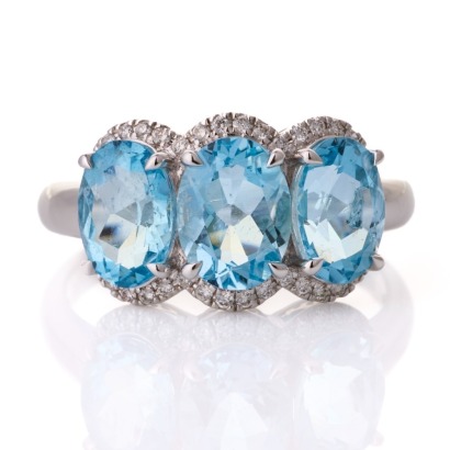 18ct White Gold, 3.37ct Aquamarine / 0.20ct Diamond Three Stone Ring