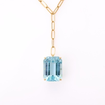 18ct Yellow Gold, 7.22ct Aquamarine Drop Pendant on 45cm Paperclip-Link Necklace