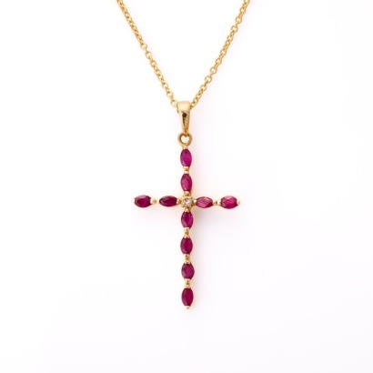14ct Yellow Gold, 0.47ct Ruby / .02ct Diamond Cross Pendant on 45cm 18ct Yellow Gold Cable Link Chain