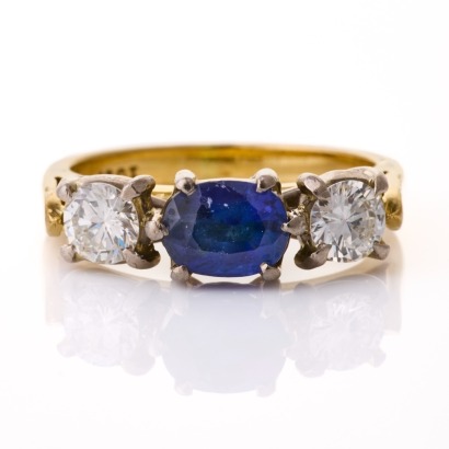 18ct White / Yellow Gold, 0.98ct Sapphire / 0.59ct Diamond Three Stone Ring