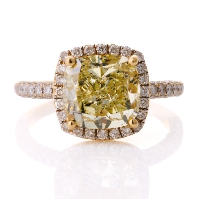 An Important 14ct Yellow Gold, 3.03ct Cushion Cut / 0.65ct Diamond Ring, GIA certified