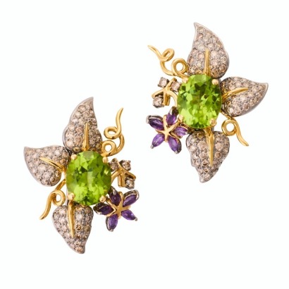 18ct Yellow Gold, 10.85ct Peridot / .60ct Amethyst / 3.81ct Diamond, Clip-on Earrings