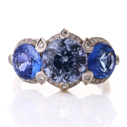 18ct White Gold, 8.77ct Sapphire / .31ct Diamond Triple Cluster Ring