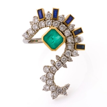 Platinum / 18ct Yellow Gold, Layla Kaisi Collection, 1.55ct Emerald / 0.50ct Sapphire / 2.22ct Diamond Ring