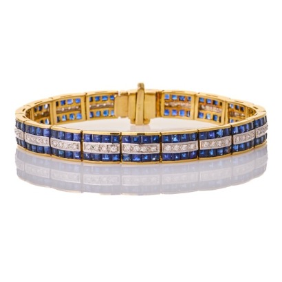 18ct Yellow Gold, 14.40ct Sapphire / 0.70ct Diamond In Line Bracelet