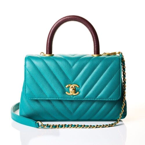 Chanel, Green Caviar / Burgundy Lizard Embossed Mini Coco Handle Bag