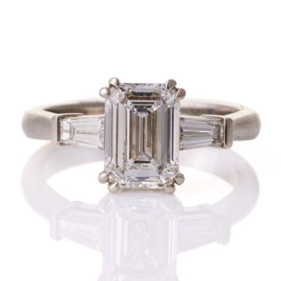 Village Goldsmith, Platinum, 1.60ct Emerald Cut, D colour, Flawless /.37ct Baguette Diamond Ring, GIA certified