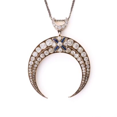 Silver / 18ct Rose Gold, Antique, 5.86ct Diamond / .22ct Sapphire Crescent Pendant on 47cm Chain