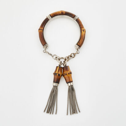 Gucci, Bamboo / Sterling Silver Tassel Bracelet with Box